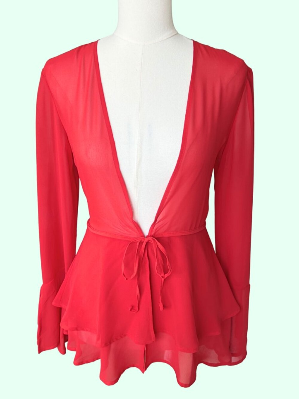Y2K Sheer Red Tie Front Long Sleeve Top